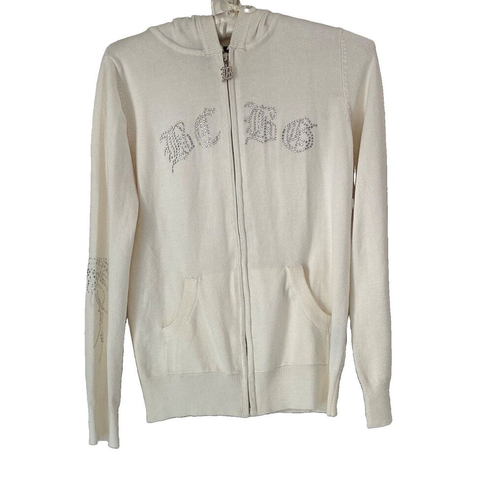 BCBGmaxazria White Rhinestone Logo Full zip hooded hoodie Pockets Women's S